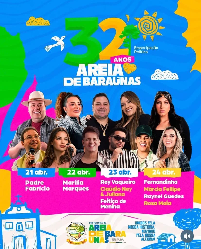 Imagem da notícia: Programação de Emancipação dos 32 Anos de Areia de Baraúnas 2026 é anunciada