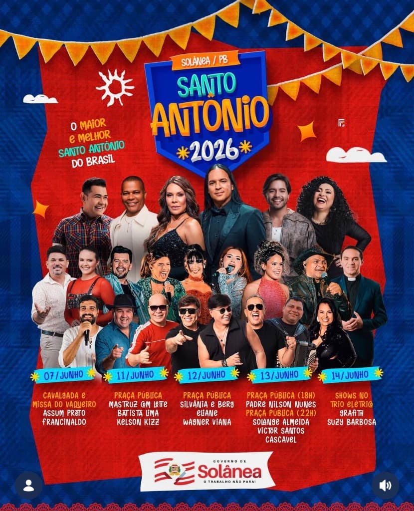 Imagem da notícia: Programação do Santo Antônio de Solânea 2026 é divulgada; confira as atrações