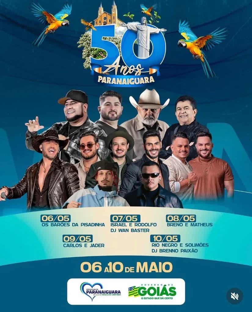 Imagem da notícia: 50 Anos de Paranaiguara (GO) 2026: Israel e Rodolffo, Barões da Pisadinha e Rio Negro e Solimões
