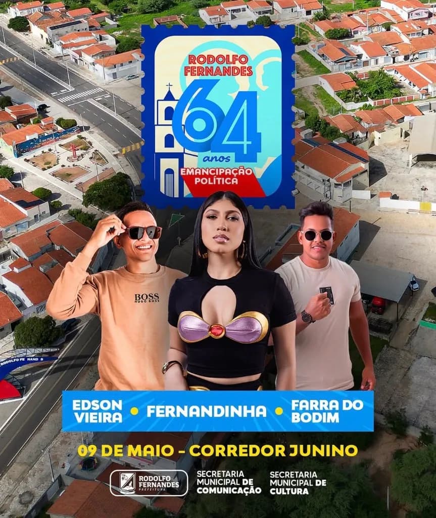 Imagem da notícia: Aniversário de Rodolfo Fernandes (RN) 64 Anos: Fernandinha, Edson Vieira e Farra do Bodim