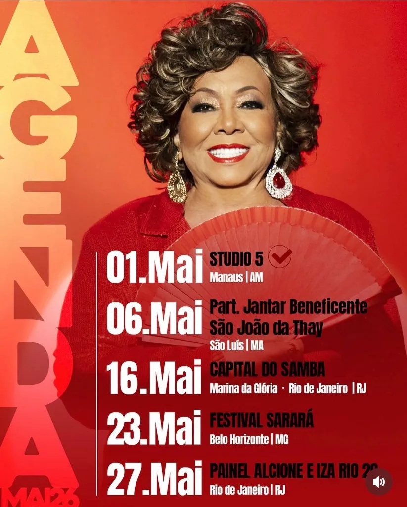 Imagem da notícia: Agenda de Shows de Alcione - Maio 2026: Datas, Cidades e Locais