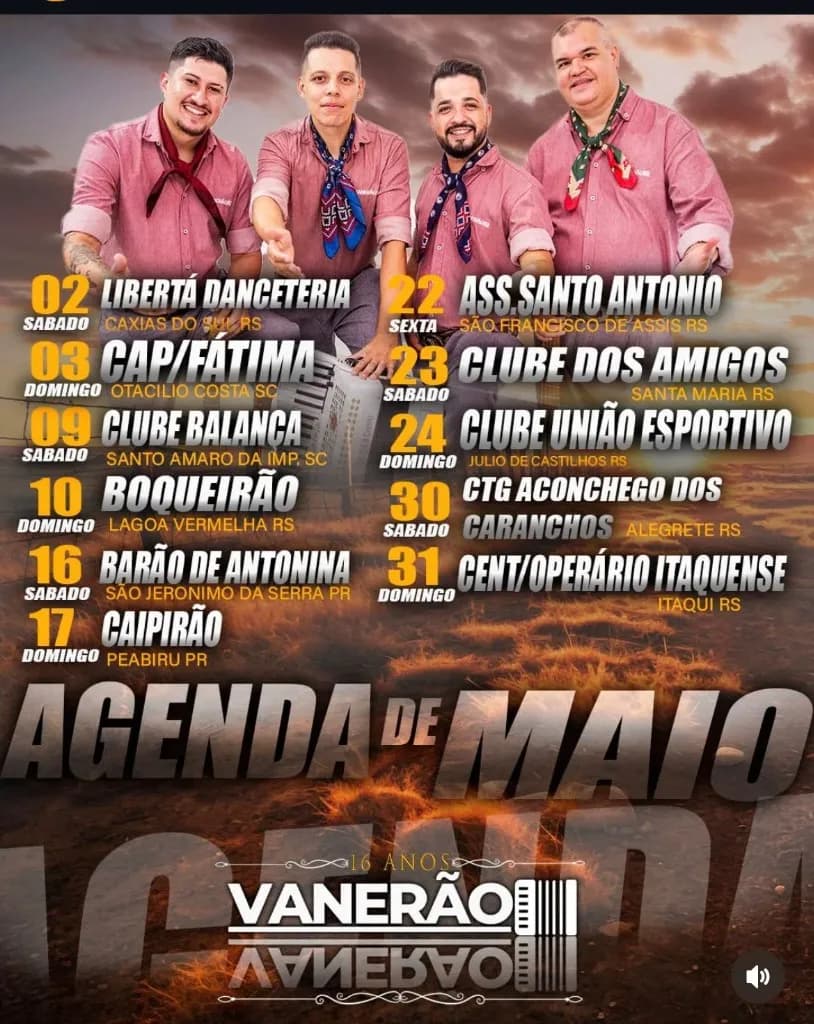 Imagem da notícia: Agenda de Shows: Banda Vanerão divulga programação de Maio de 2026