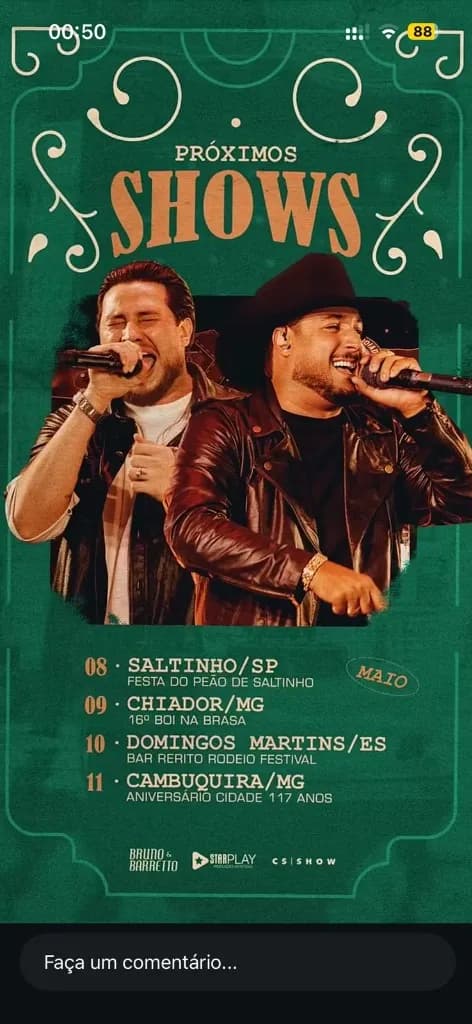 Imagem da notícia: Agenda de Bruno & Barretto - Maio 2026: Festa do Peão, Rodeio e Mais