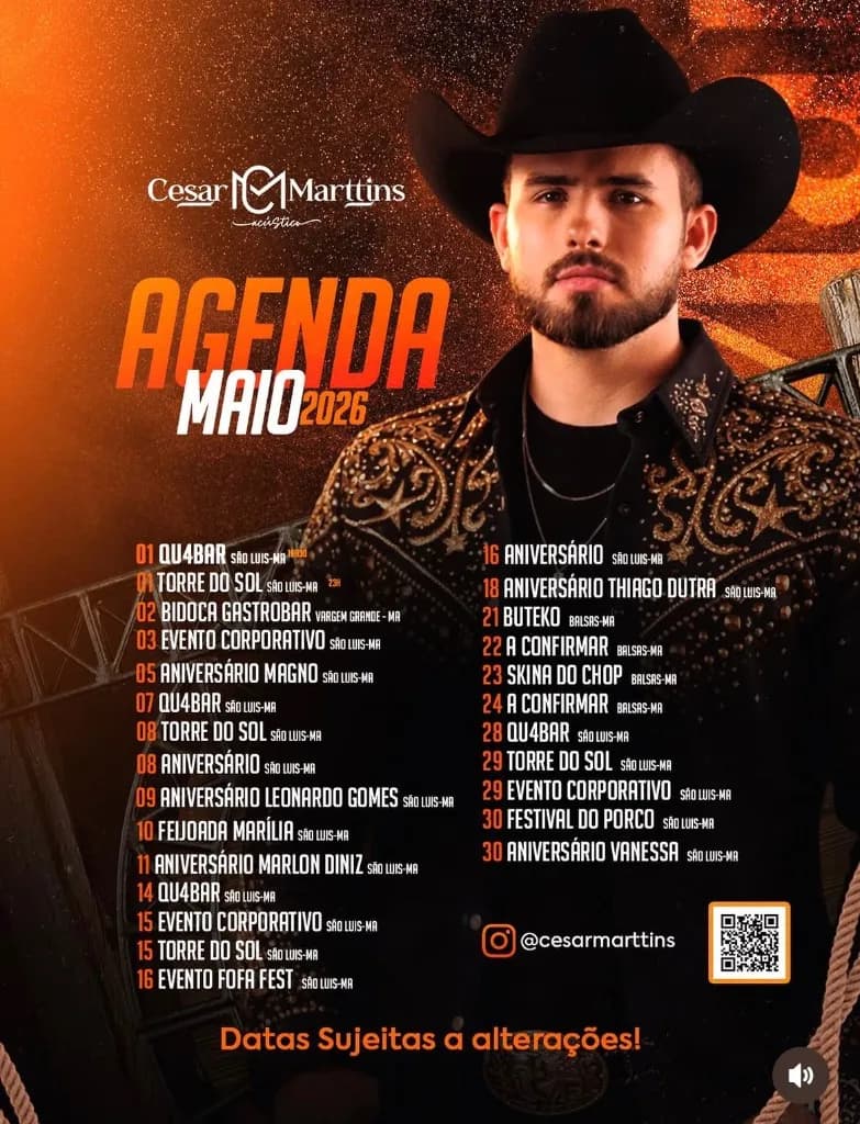 Imagem da notícia: Agenda de Shows de Cesar Marttins - Maio de 2026