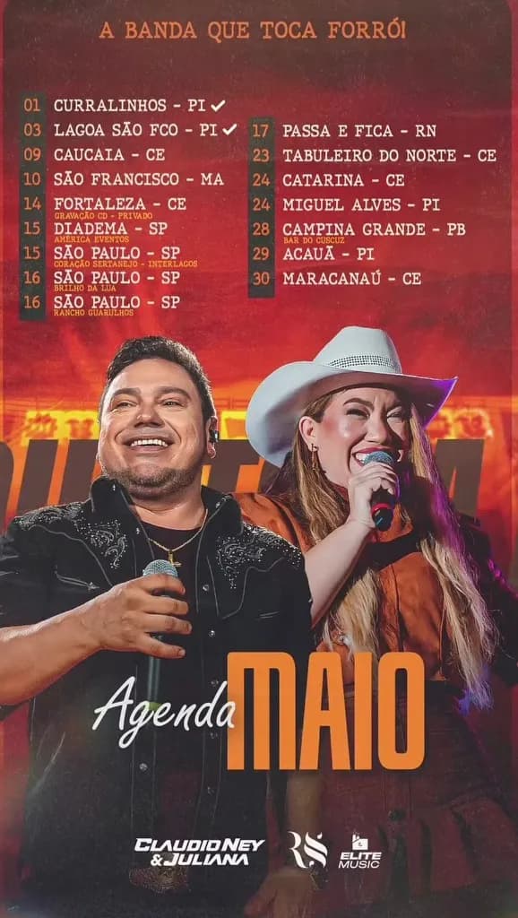 Imagem da notícia: Agenda de Shows de Claudio Ney & Juliana - Maio 2026: 15 Shows pelo Nordeste e Sudeste