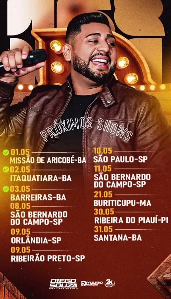 Imagem da notícia: Agenda de Shows de Diego Souza - Maio 2026: 11 Shows pelo Brasil
