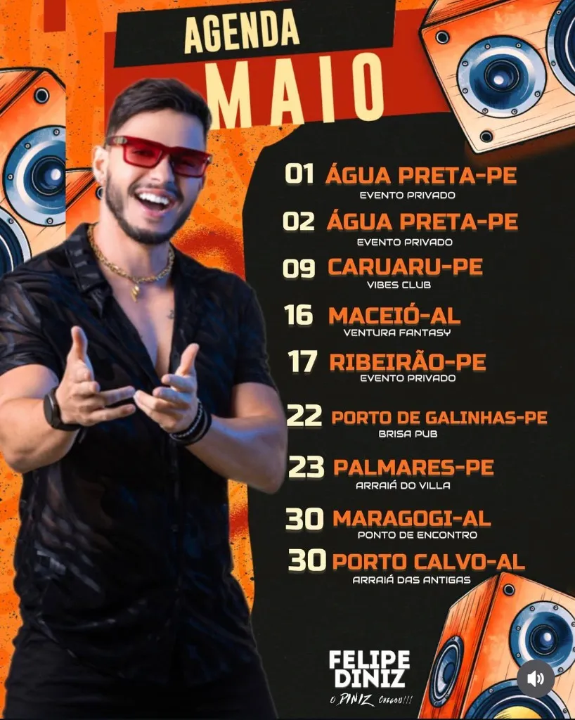 Imagem da notícia: Agenda de Shows de Felipe Diniz - Maio 2026: 9 Shows em PE e AL