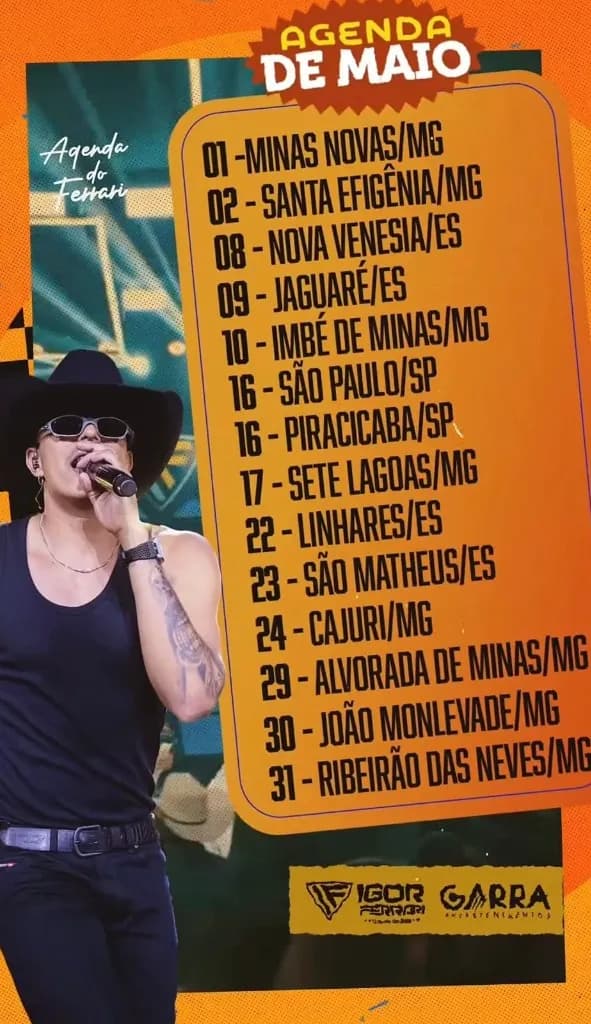 Imagem da notícia: Agenda de Shows de Igor Ferrari - Maio 2026: 14 Shows em MG, ES e SP