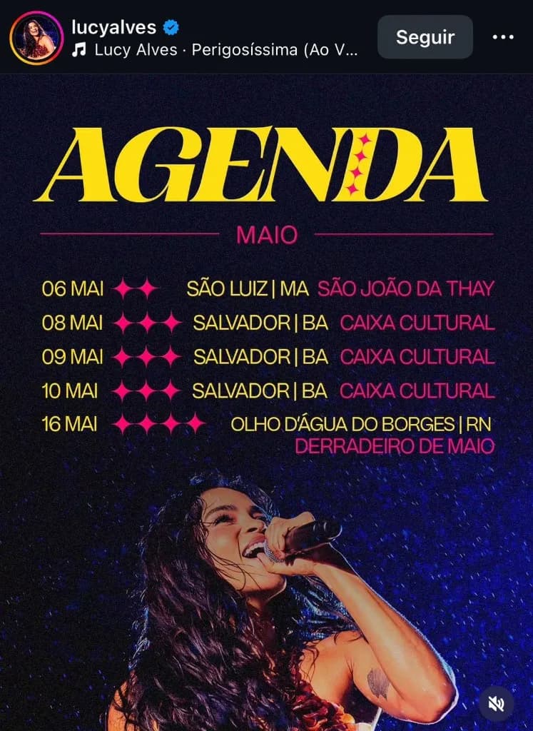 Imagem da notícia: Agenda de Shows de Lucy Alves - Maio 2026: São João da Thay, Caixa Cultural e Derradeiro