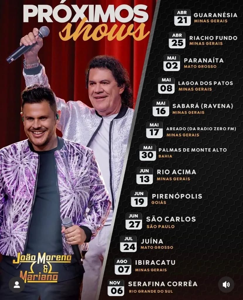 Imagem da notícia: Agenda de Shows: João Moreno & Mariano divulgam datas da turnê