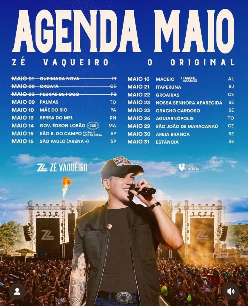 Imagem da notícia: Agenda de Shows do Zé Vaqueiro - Maio 2026: 18 Shows Confirmados