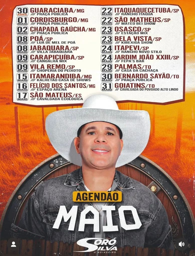 Imagem da notícia: Soró Silva o Boiadeiro divulga "Agendão" de Maio de 2026