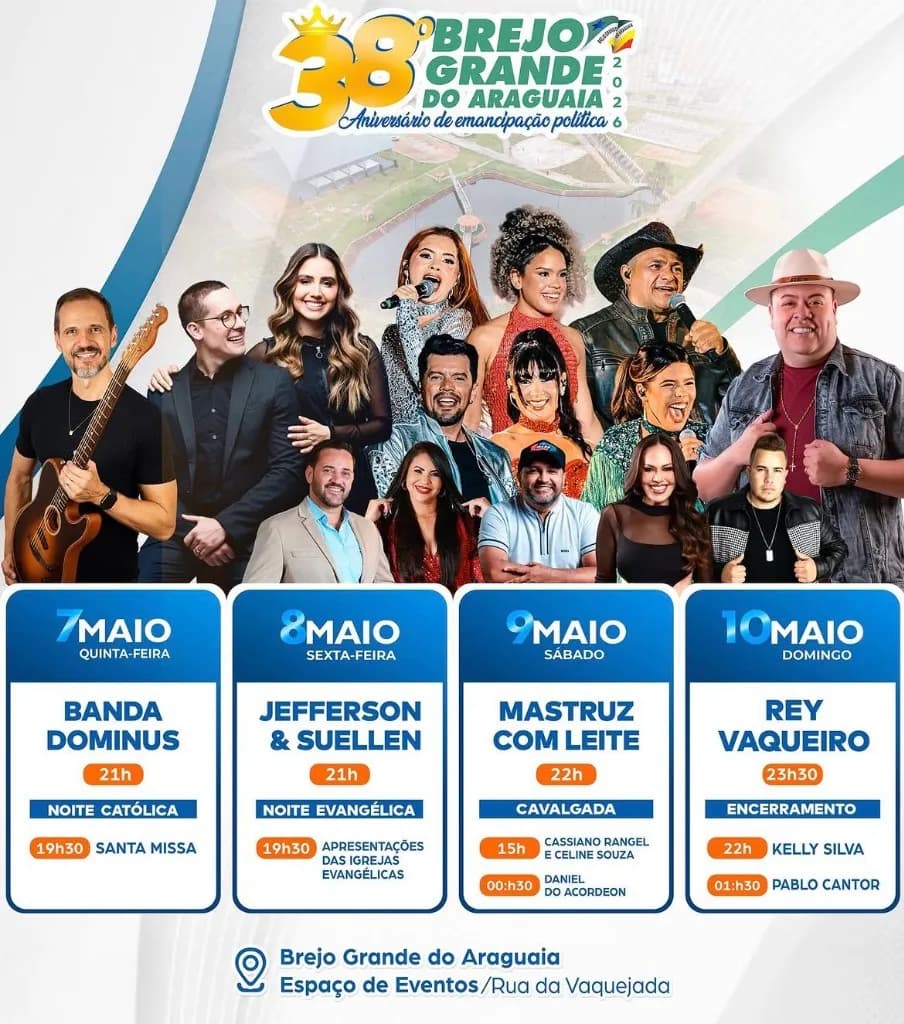 Imagem da notícia: Programação: 38º Aniversário de Brejo Grande do Araguaia (PA) 2026
