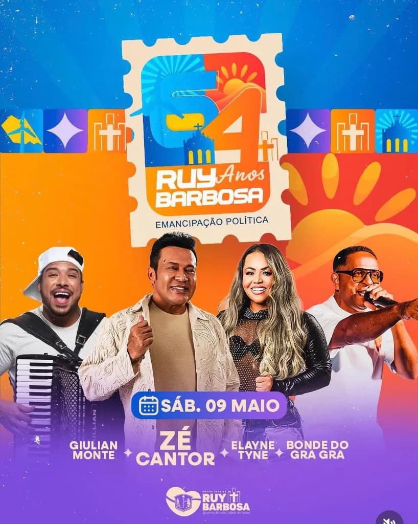Imagem da notícia: Aniversário de Ruy Barbosa (BA) 2026: Zé Cantor, Elayne Tyne e Bonde do Gra Gra