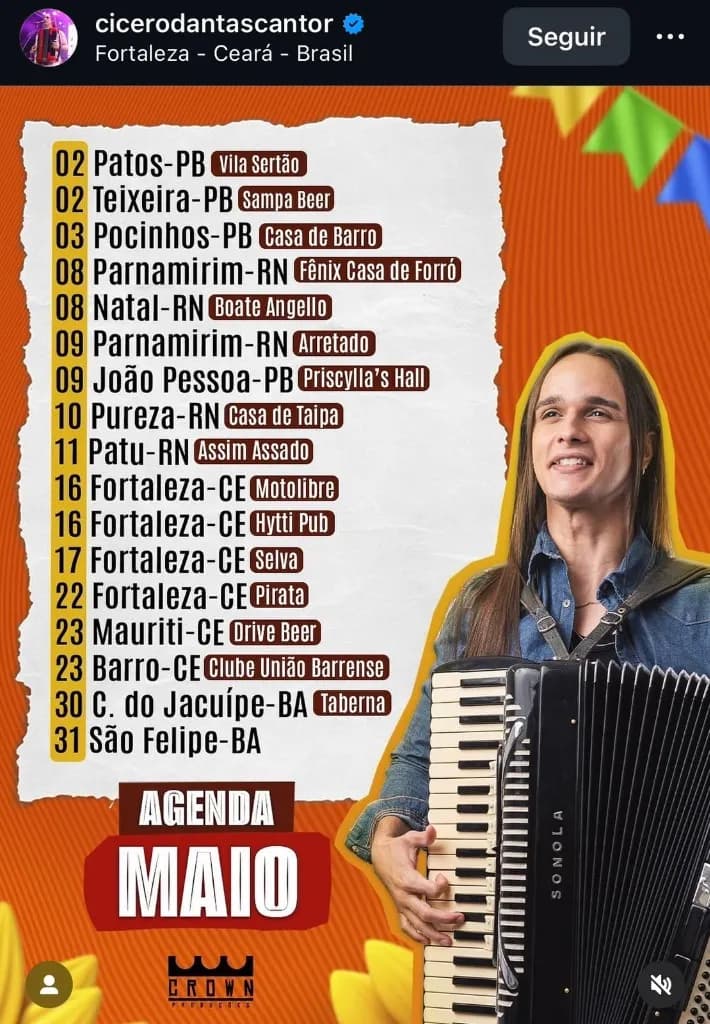 Imagem da notícia: Agenda de Shows de Cícero Dantas em Maio de 2026
