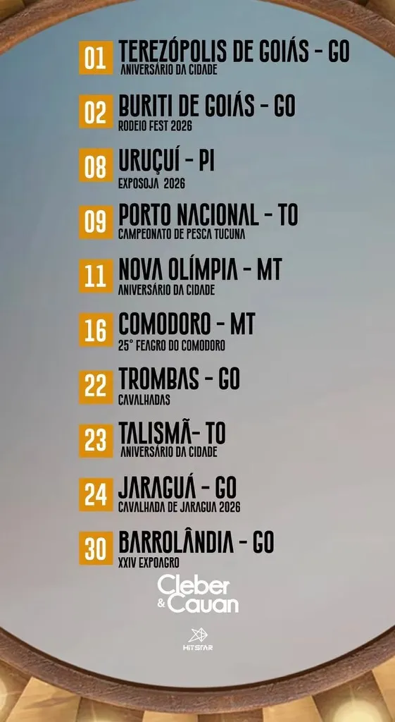 Imagem da notícia: Agenda de Shows de Cleber & Cauan em Maio de 2026