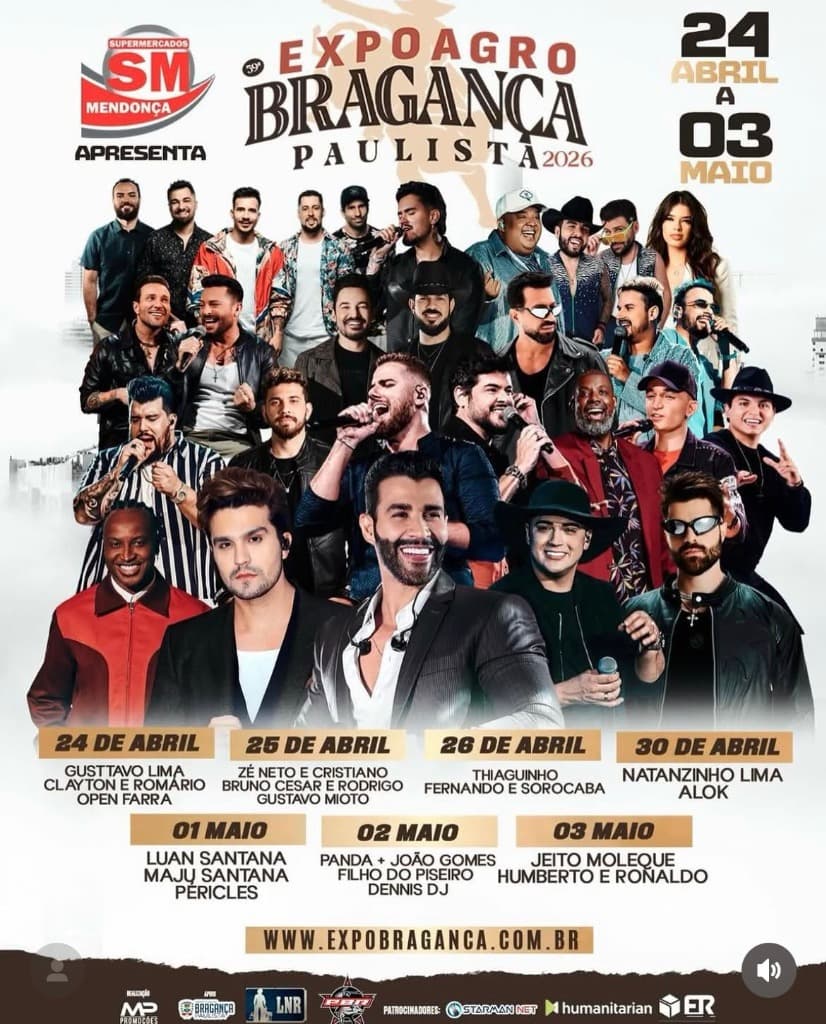 Imagem da notícia: Saiu a grade da 59ª Expoagro Bragança Paulista com Gusttavo Lima, Luan Santana, Alok e mais!