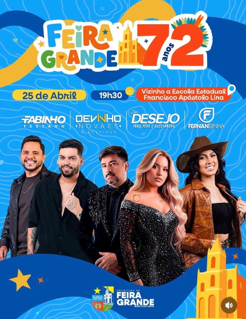Imagem da notícia: Programação oficial: Emancipação de Feira Grande 72 Anos com Seu Desejo, Devinho Novaes e mais