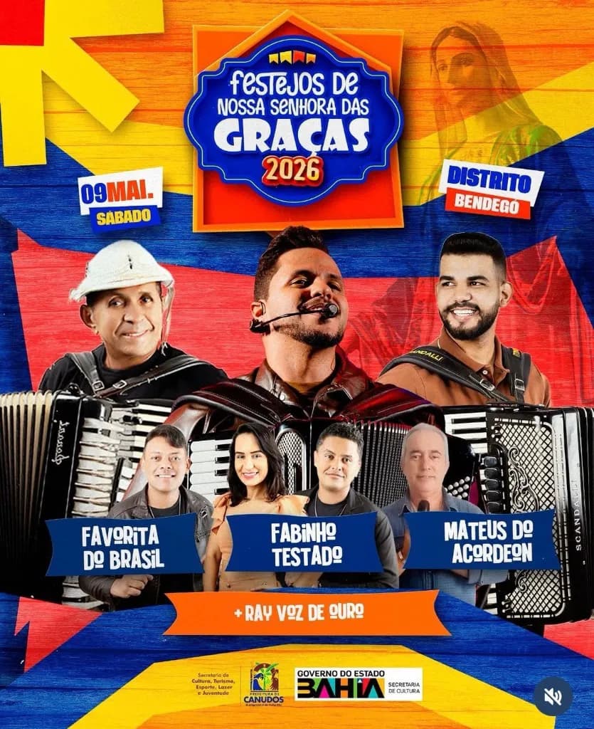 Imagem da notícia: Festejos de N.S. das Graças 2026 em Bendegó (Canudos/BA): Fabinho Testado, Mateus do Acordeon e Mais