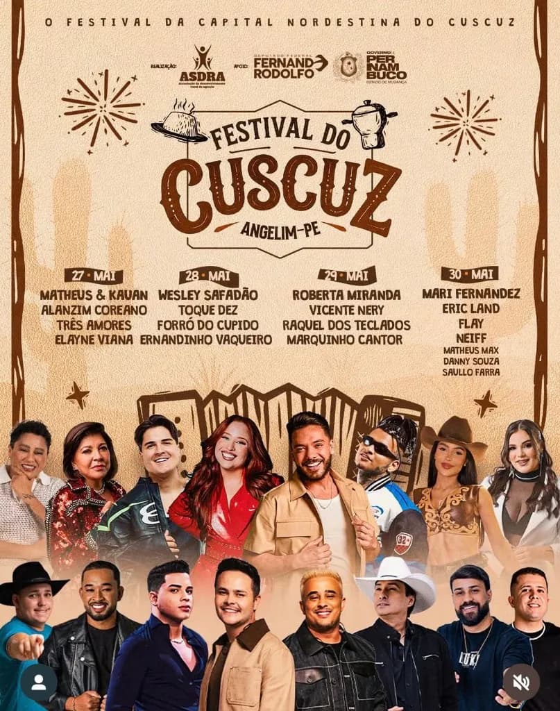 Imagem da notícia: Festival do Cuscuz 2026 em Angelim (PE): Wesley Safadão, Mari Fernandez e Matheus & Kauan