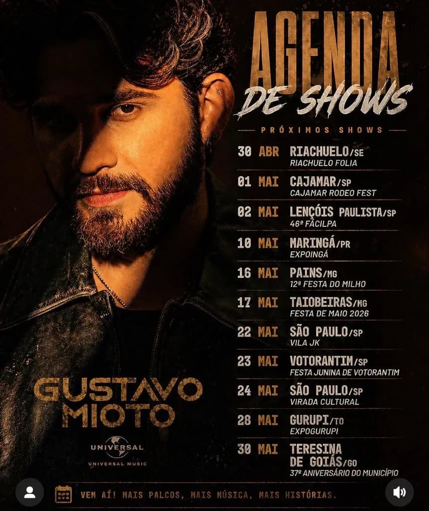 Imagem da notícia: Agenda de Shows de Gustavo Mioto em Maio de 2026