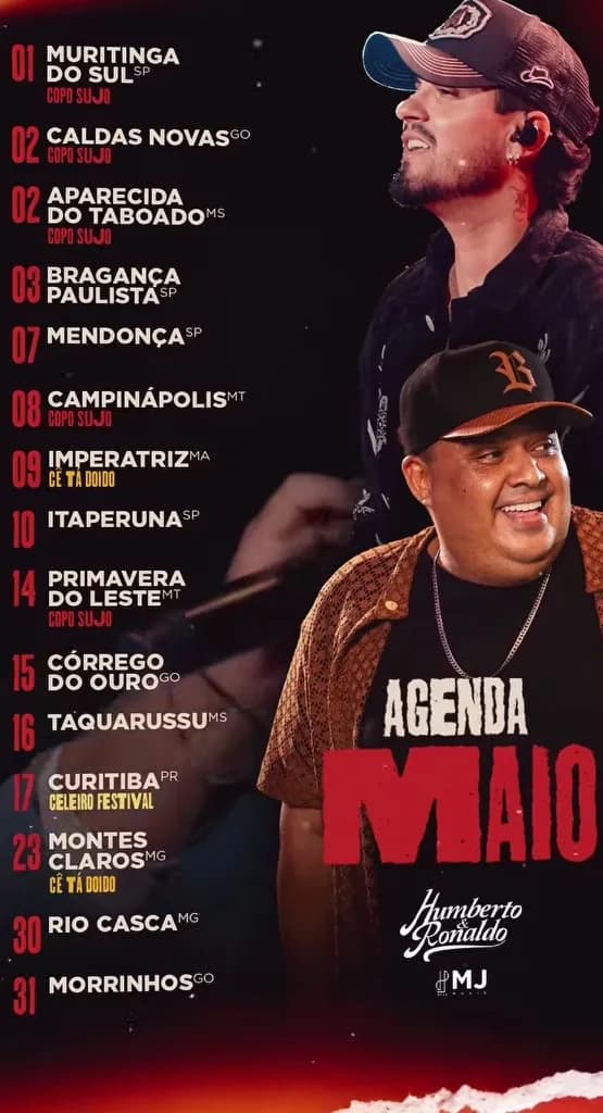 Imagem da notícia: Agenda de Shows de Humberto & Ronaldo em Maio de 2026