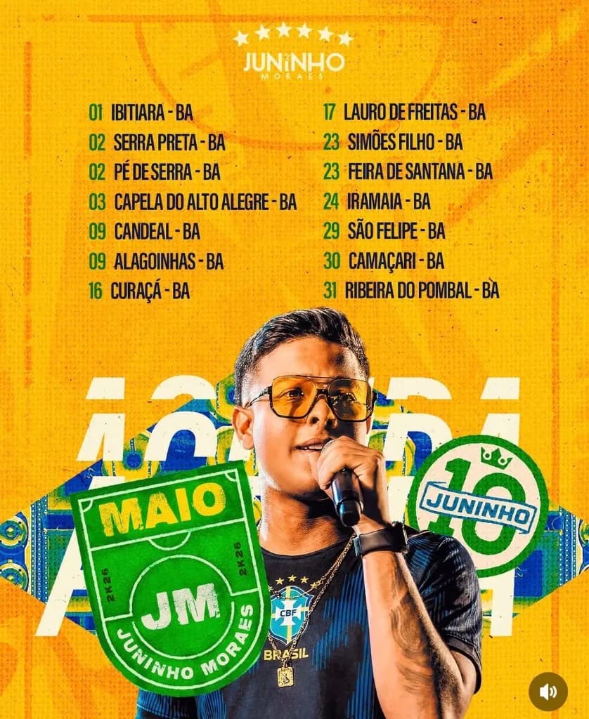 Imagem da notícia: Agenda de Shows de Juninho Moraes em Maio de 2026