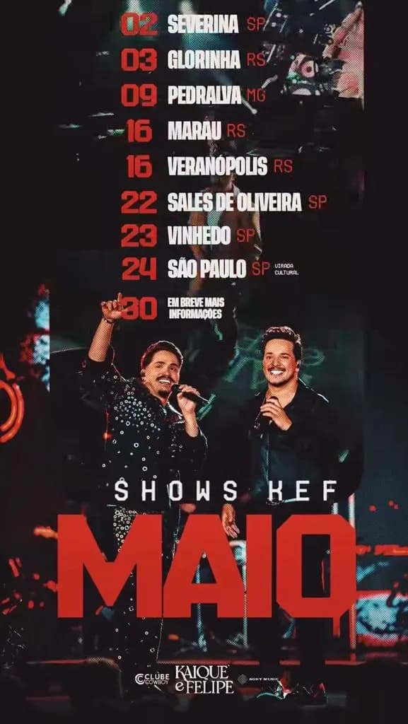 Imagem da notícia: Agenda de Shows de Kaique e Felipe em Maio de 2026