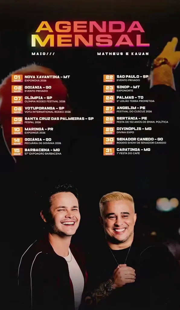 Imagem da notícia: Agenda de Shows de Matheus e Kauan em Maio de 2026