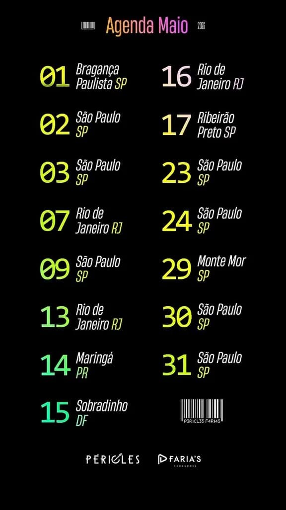 Imagem da notícia: Agenda de Shows de Péricles em Maio de 2026