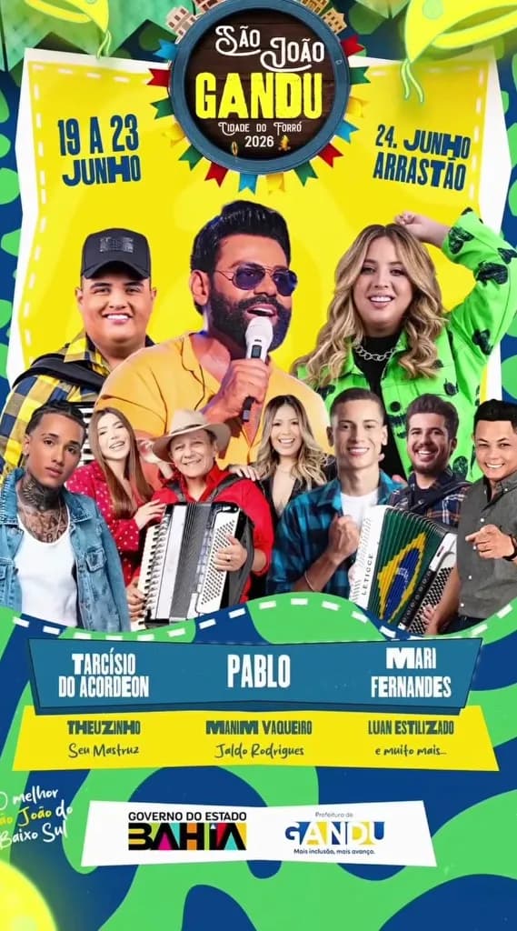 Imagem da notícia: São João de Gandu 2026: Tarcísio do Acordeon, Pablo, Mari Fernandes e Mais