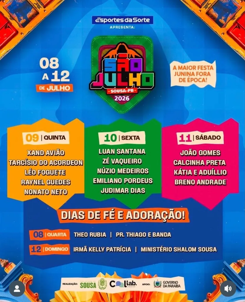 Imagem da notícia: Programação Completa: São Julho 2026 em Sousa (PB)