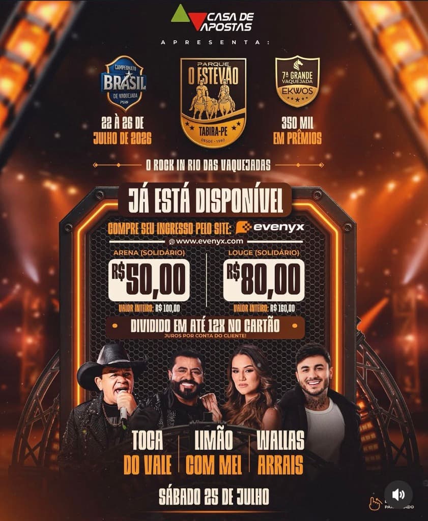 Imagem da notícia: Vaquejada EKWOS 2026 em Tabira: Limão com Mel, Wallas Arrais e Toca do Vale confirmados!