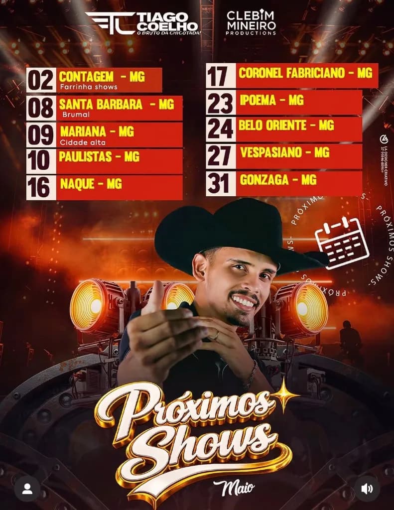 Imagem da notícia: Agenda de Shows de Tiago Coelho em Maio de 2026