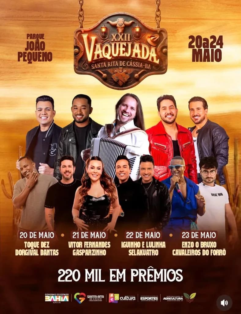 Imagem da notícia: Vaquejada de Santa Rita de Cássia (BA) 2026: Programação com Iguinho e Lulinha e Dorgival Dantas