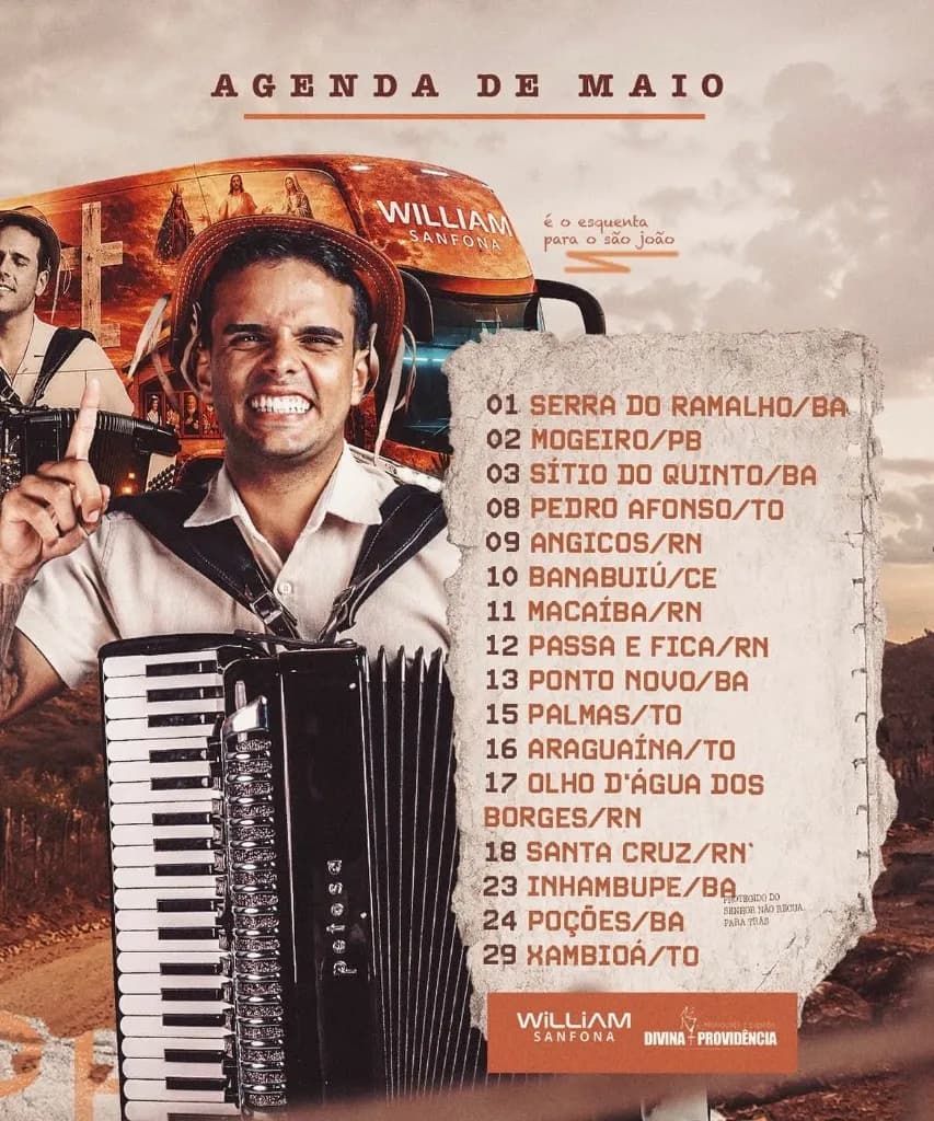 Imagem da notícia: Agenda de Shows de William Sanfona em Maio de 2026