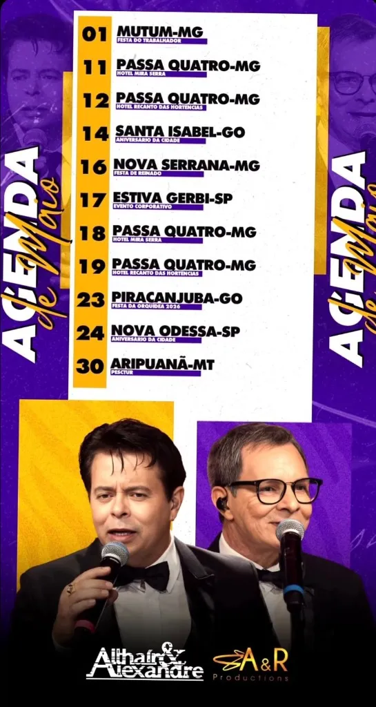 Imagem da notícia: Agenda de Shows de Althaír & Alexandre - Maio de 2026