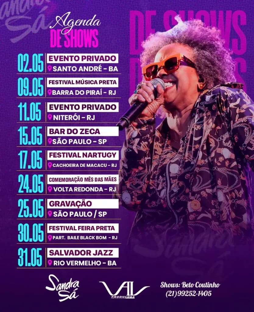 Imagem da notícia: Agenda de Shows de Sandra de Sá em Maio de 2026